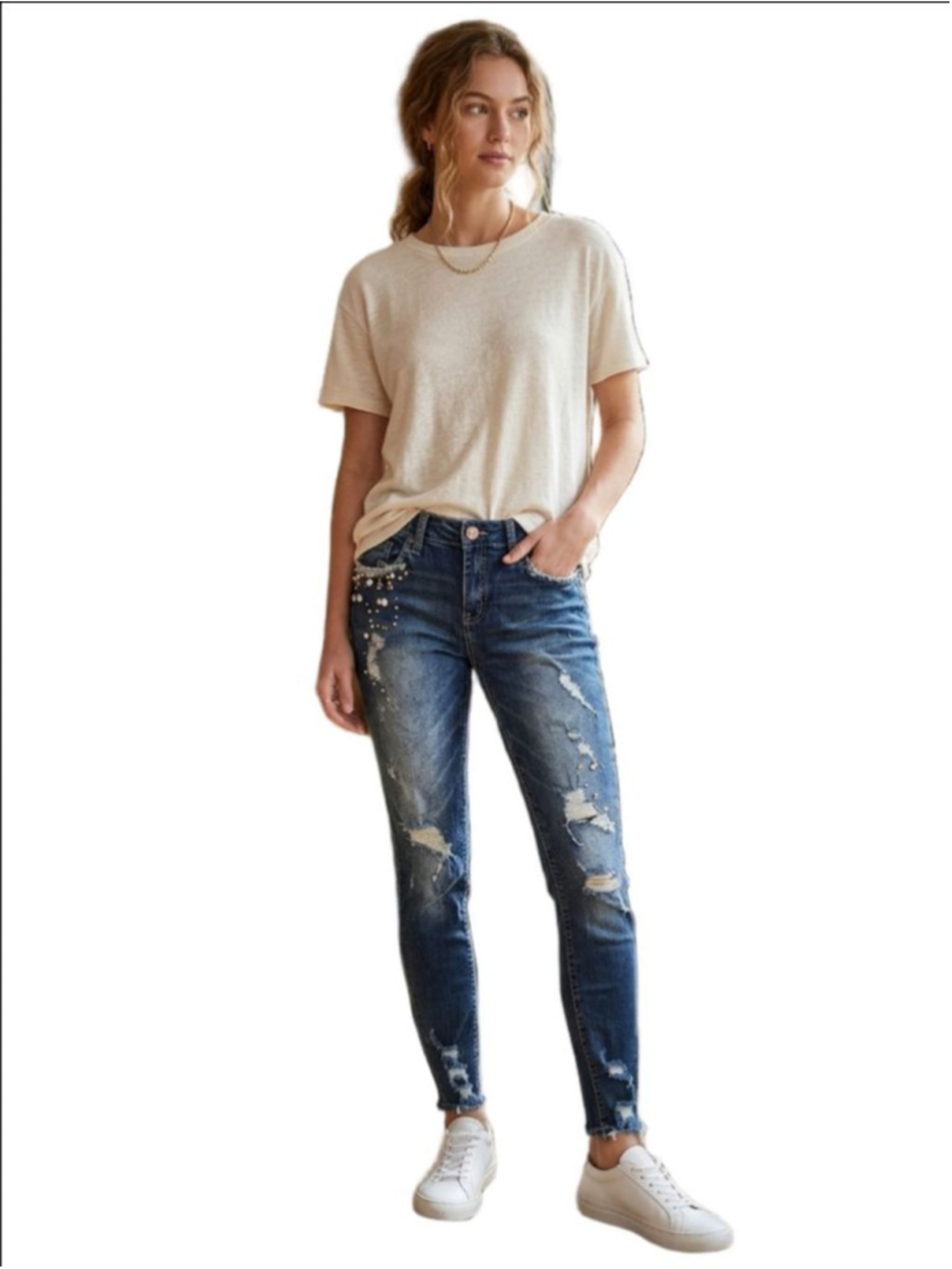 Women's KanCan Blue Distressed Skinny Jeans with Embellishments Size 27